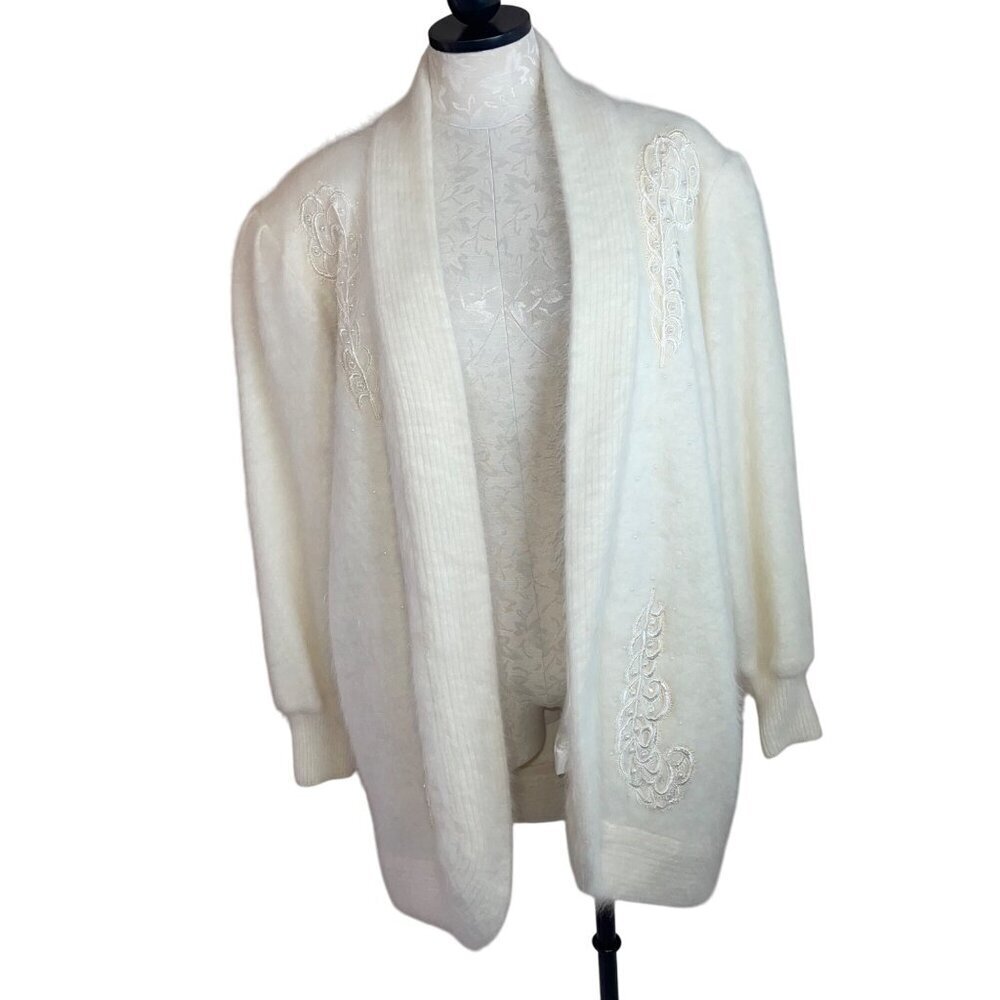 Lee Sands Vintage Womens Jacket One Size White Embellished Cardigan Open Front